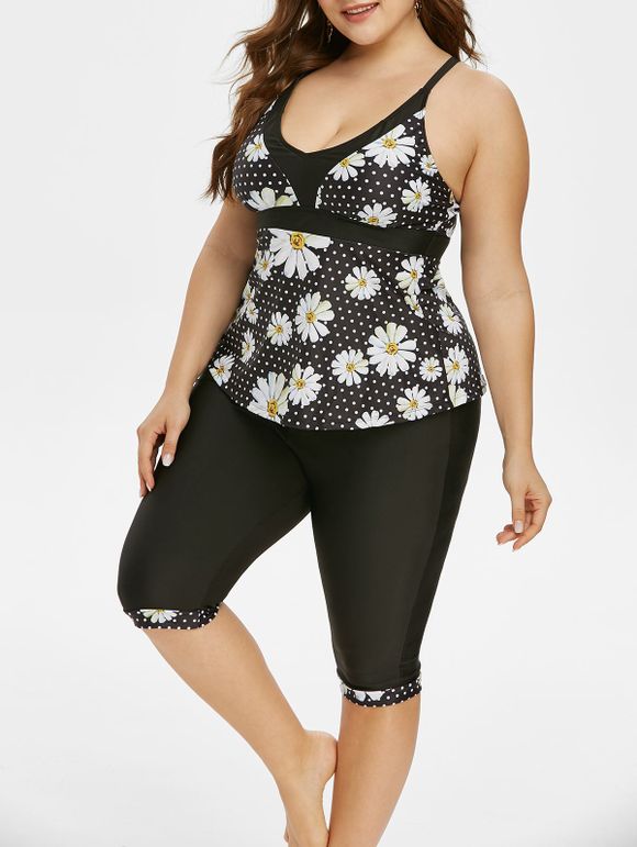 Maillot de Bain Tankini Croisé Marguerite Imprimée à Taille Haute de Grande Taille - Noir 5X