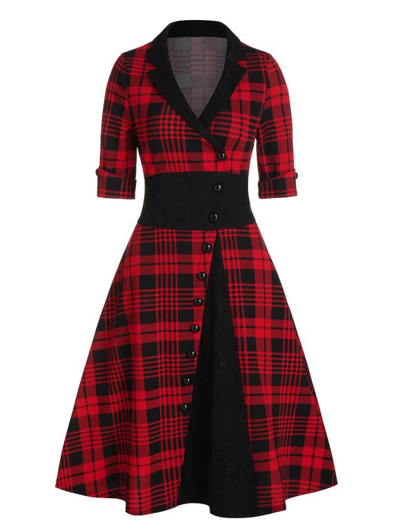 Robe Evasée Vintage à Carreaux Imprimé avec Bouton - Rouge 2XL