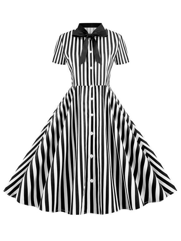 Robe Chemise Ligne A Vintage Rayée à Noeud Papillon - Noir 2XL