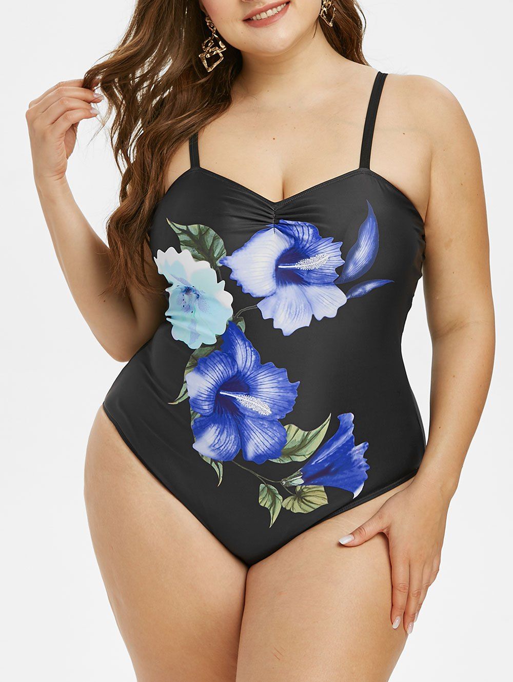 Plus Size Ruched Floral Print One-piece Swimsuit - BLACK L