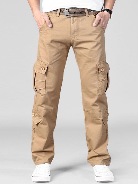 Plain Multi Flap Pockets Cargo Straight Pants - KHAKI 34