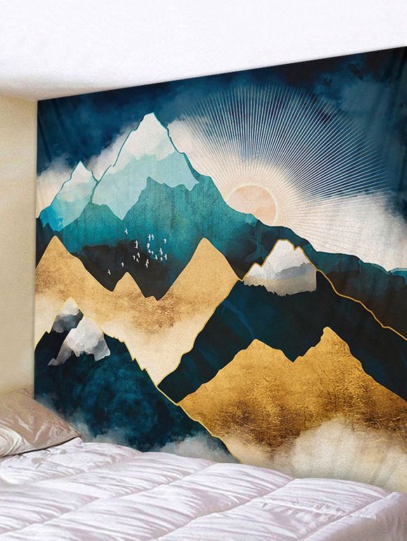 Tapisserie Murale Montagne Neige et Coucher du Soleil Imprimés - Paon Bleu W91 X L71 INCH