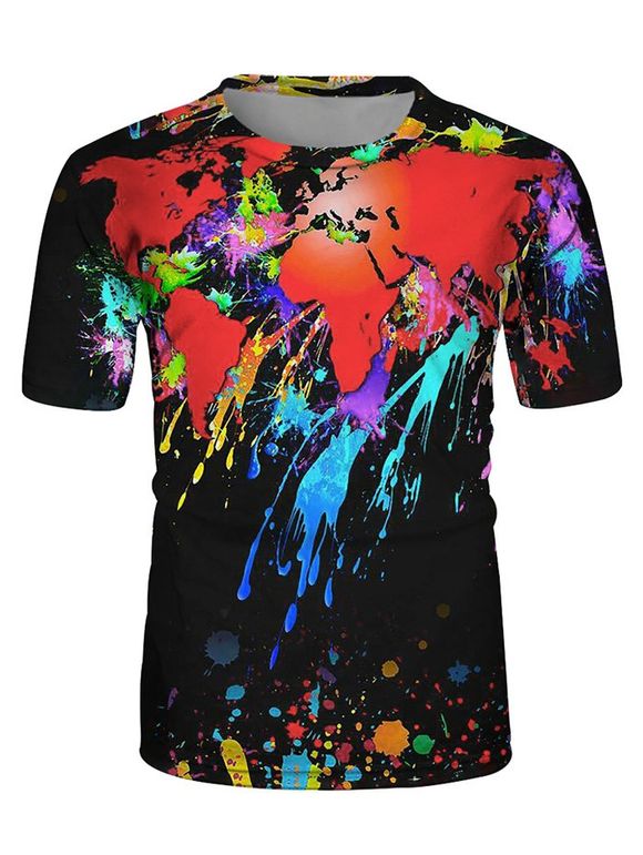 T-shirt Décontracté Carte du Monde Eclaboussé Imprimée à Col Rond - multicolor 3XL