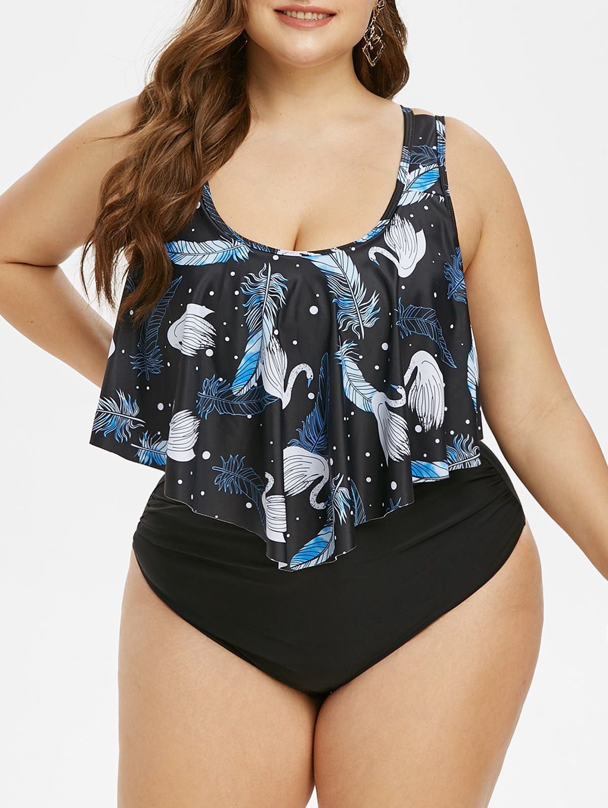 Plus Size Leaves Print Ruffled Tankini Swimwear - BLACK 5X