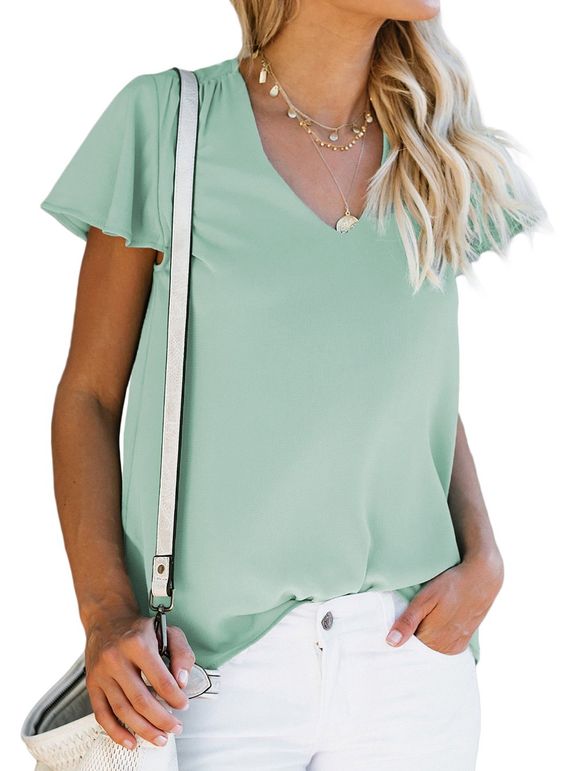Blouse Simple Manches Bouffantes à Col V - Turquoise Moyenne 2XL