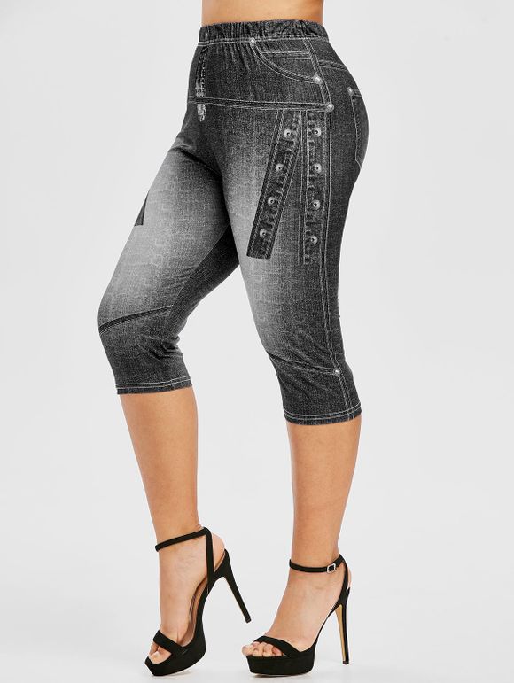 Legging Ajusté Motif 3D Jean Design de Grande Taille - Noir 2X