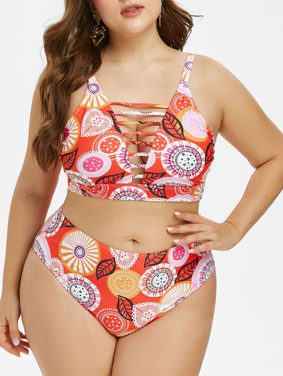 Plus Size Ethnic Print Lattice Cut Bikini Swimwear - ORANGE 5X