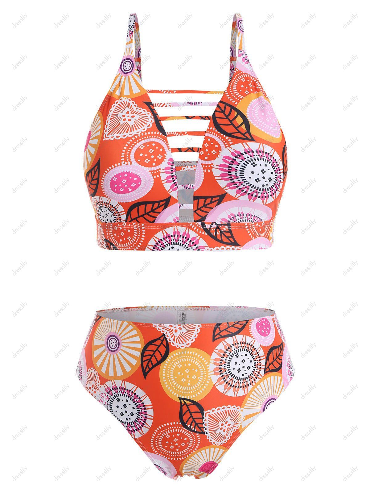 [25 OFF] 2020 Plus Size Ethnic Print Lattice Cut Bikini Swimwear In