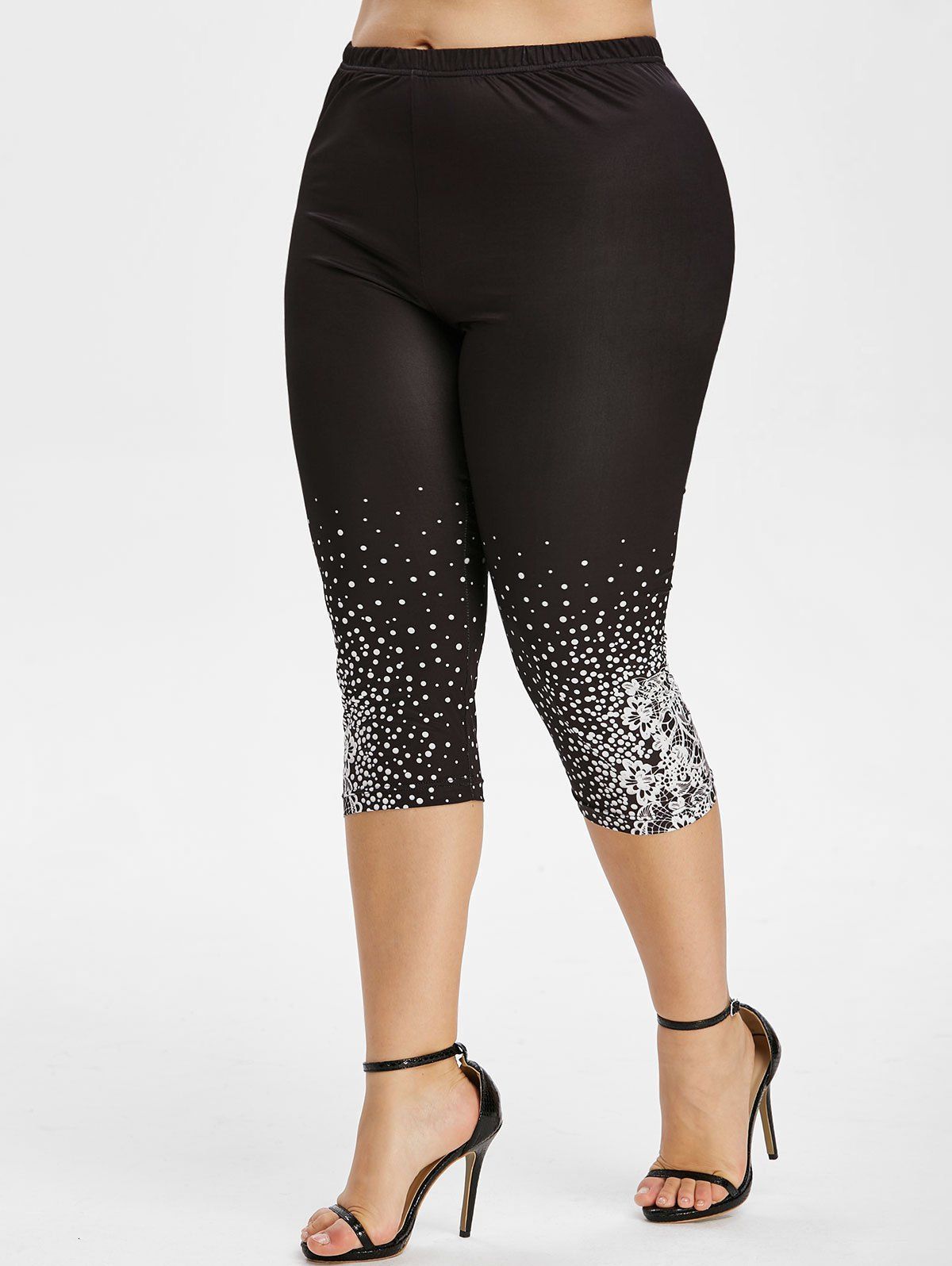 

Floral Dots High Waisted Plus Size Capri Leggings, Black