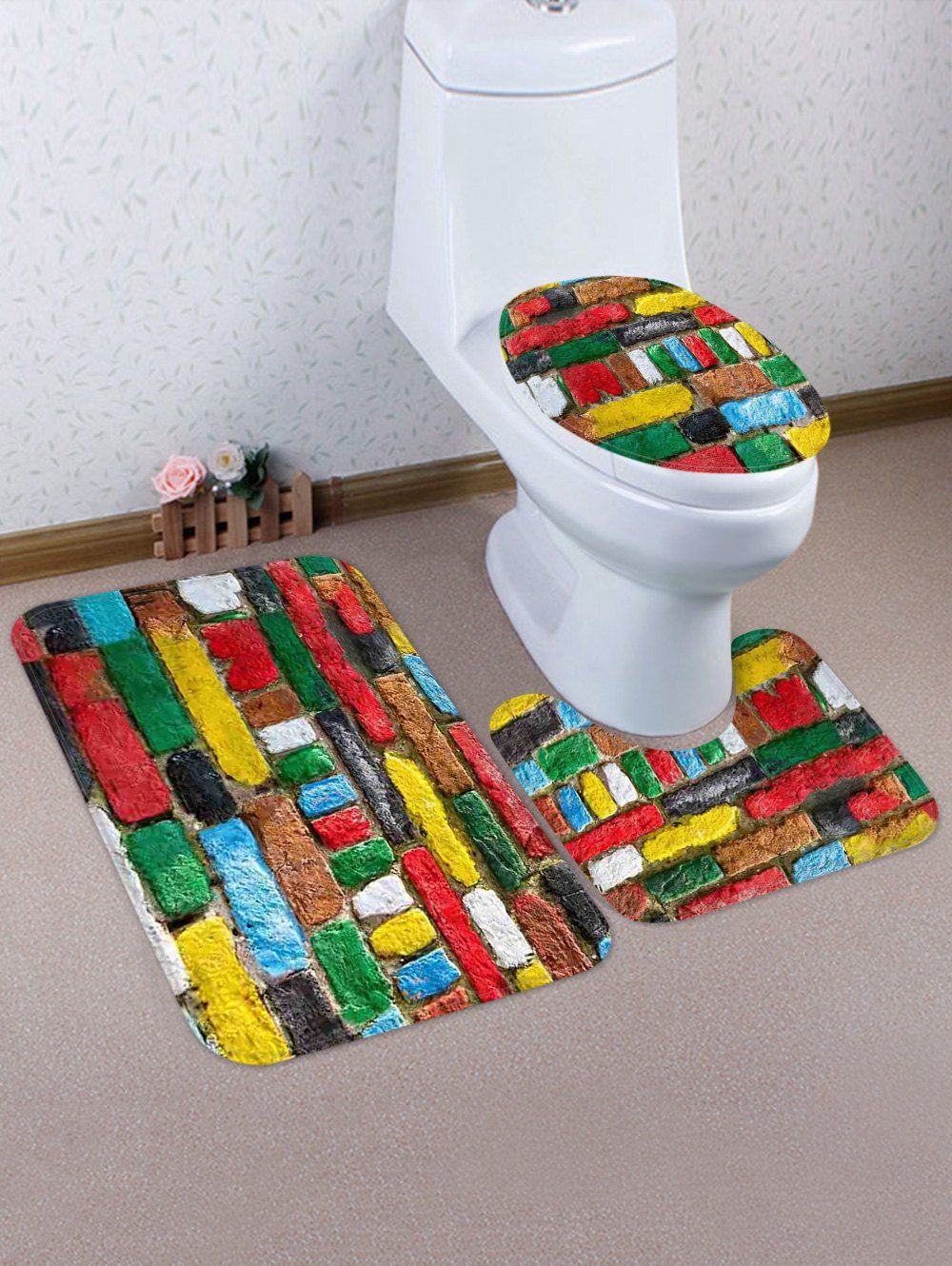 

Colored Brick Pattern 3 Pcs Bathroom Toilet Mat, Multi