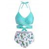 Flower Bird Pineapple Criss Cross Halter Tummy Control Bikini Swimwear - WHITE S