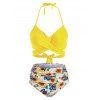 Maillot de Bain Bikini Croisé Ananas Fleur et Oiseau à Col Halter - Jaune 2XL