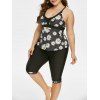 Maillot de Bain Tankini Croisé Marguerite Imprimée à Taille Haute de Grande Taille - Noir 5X
