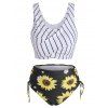 Maillot de Bain Tankini Tordu Rayé Tournesol à Lacets - Noir 2XL