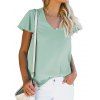 Blouse Simple Manches Bouffantes à Col V - Turquoise Moyenne L