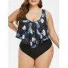 Maillot de Bain Tankini Feuille Imprimée à Volants de Grande Taille - Noir 4X