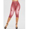 Plus Size 3D Jean Print Capri Fitted Jeggings - LIGHT CORAL 5X