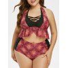 Maillot de Bain Tankini Croisé Motif Fleuri de Grande Taille à Col Halter - Acajou 4X