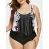 Maillot de Bain Tankini Fleuri Imprimé à Taille Haute de Grande Taille à Volants - Noir L