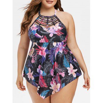 

Plus Size Lattice Floral Print Asymmetric Tankini Swimwear, Black