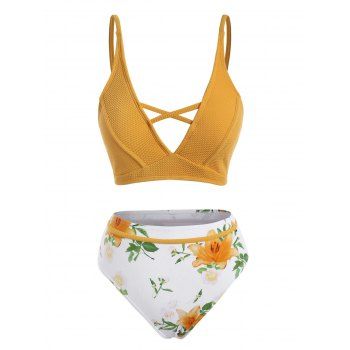 

Flower Print Textured Criss Cross Bikini Swimwear, Bee yellow