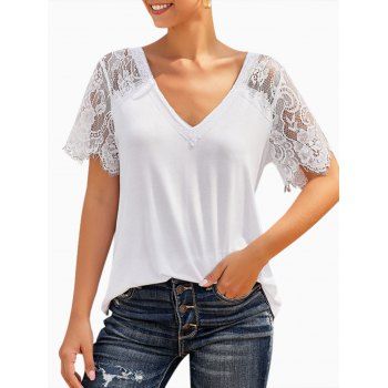 

Lace Insert V Neck Plain T-shirt, White