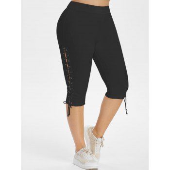 

Lace Up Side High Waisted Plus Size Capri Pants, Black