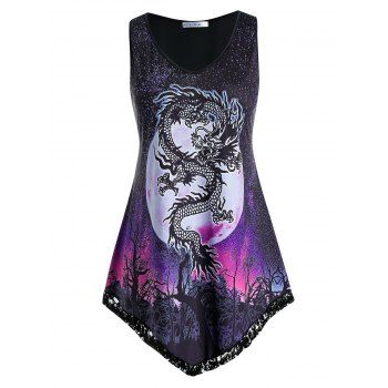 

Plus Size Dragon Print Oriental Tank Top, Black