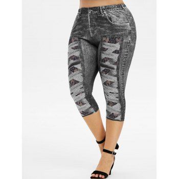 

Plus Size 3D Crisscross Lace Print Cropped Jeggings, Night