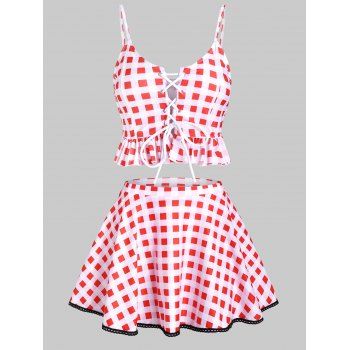 

Gingham Print Lace-up Padded Tankini Set, Red