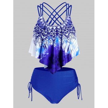 

Plus Size Gradient Print Crisscross Tankini Swimwear, Deep blue
