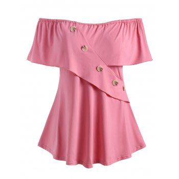 

Ruffles Mock Buttons Off Shoulder Plus Size Blouse, Pink