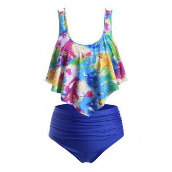 Plus Size Tie Dye Planet Print Overlay Tankini Swimwear