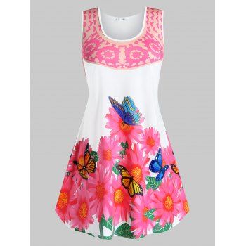 

Plus Size Butterfly Flower Print Tunic Tank Top, White