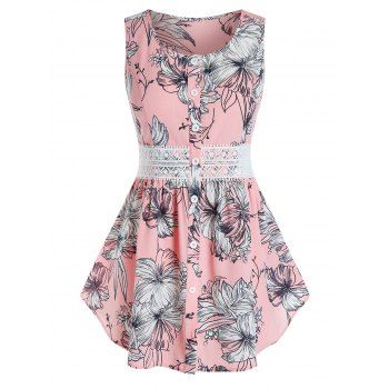 

Plus Size Floral Print Crochet Panel Button Up Tank Top, Pink