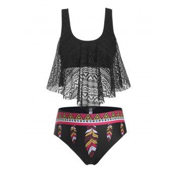 

Plus Size Lace Overlay Feather Print Tankini Swimwear, Black