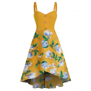 

Flower Print Sundres Sleeveless High Low Chiffon Dress, Orange gold