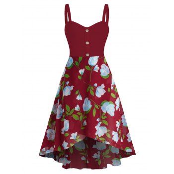 

Flower Print Sleeveless High Low Chiffon Dress, Red wine