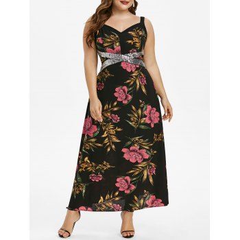 

Plus Size Flower Print Glitter Sequined Midi Dress, Black