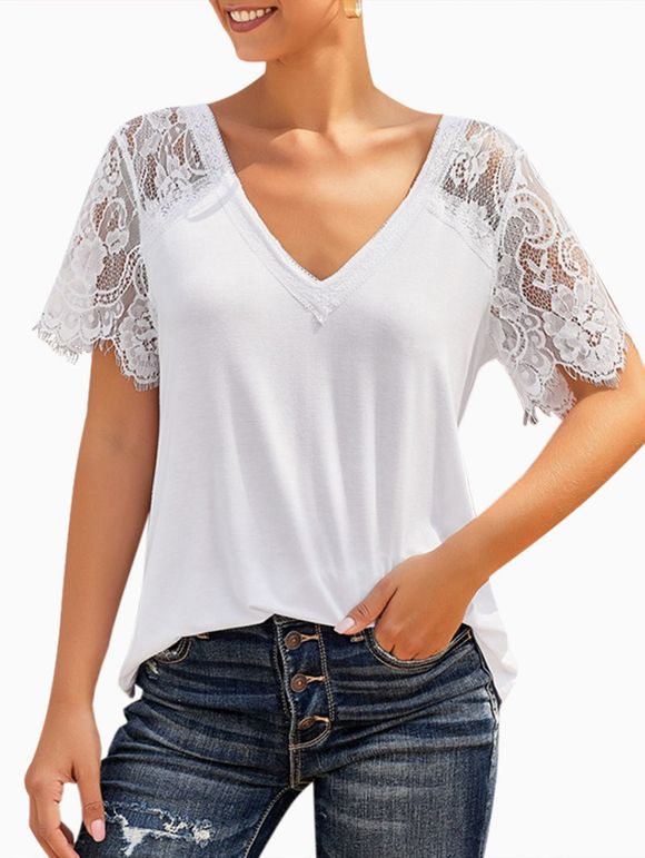Lace Insert V Neck Plain T-shirt - WHITE M