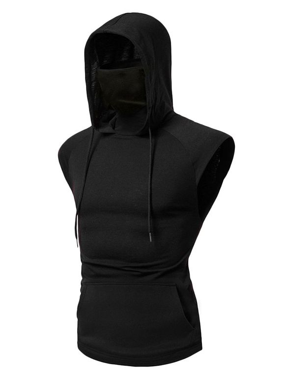Bandana Mask Front Pocket Hooded Drawstring Tank Top - BLACK M