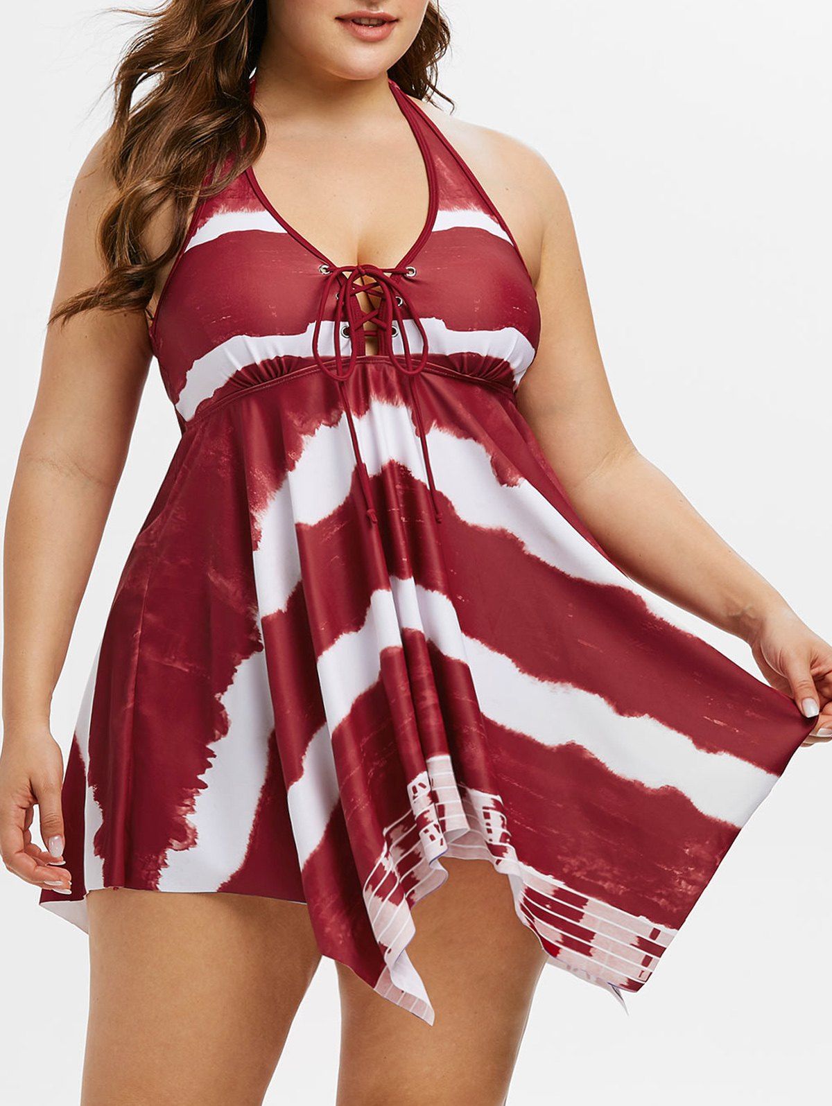 27 Off 2020 Plus Size Halter Tie Dye Handkerchief Tankini Swimwear In Red Wine Dresslily 9761