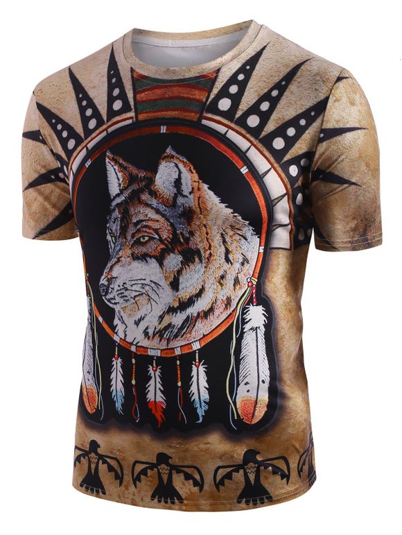 T-Shirt à Imprimé Loup Aztèque à Col Rond - Marron Camel 2XL
