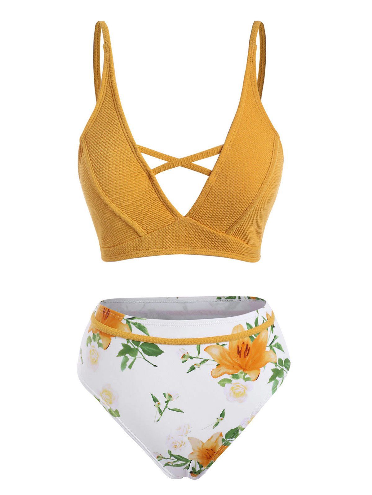 Flower Print Textured Criss Cross Bikini Swimwear - BEE YELLOW S