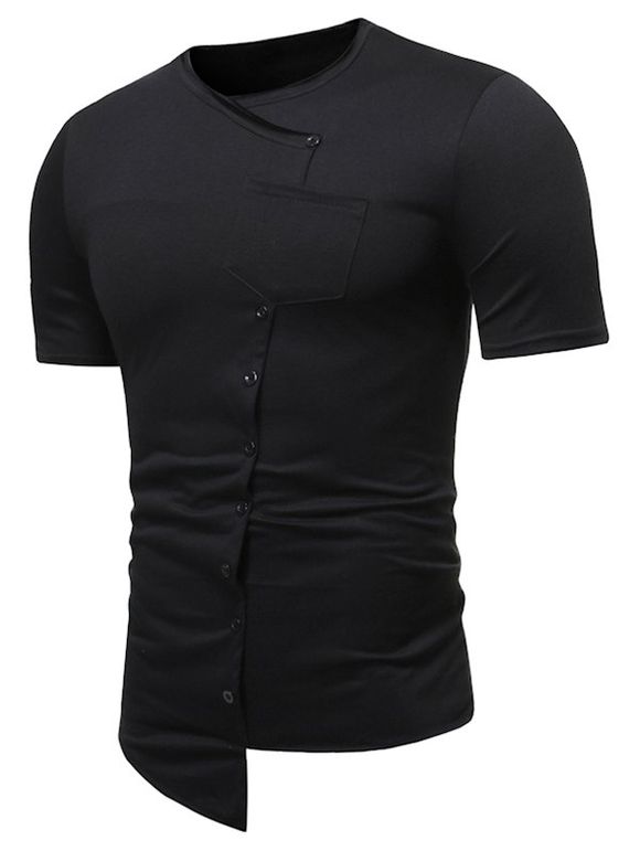 T-shirt Asymétrique en Couleur Unie avec Bouton et Poche - Noir L