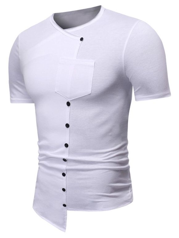T-shirt Asymétrique en Couleur Unie avec Bouton et Poche - Blanc 2XL