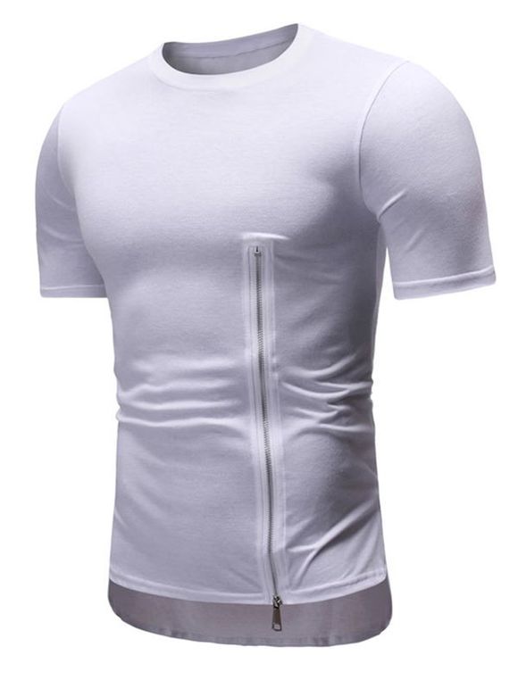 T-shirt Haut-Bas Zip Latéral à Manches Courtes à Col Rond - Blanc XL