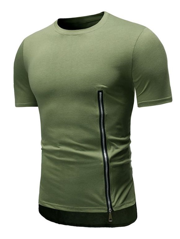 T-shirt Haut-Bas Zip Latéral à Manches Courtes à Col Rond - Vert Fougère XL