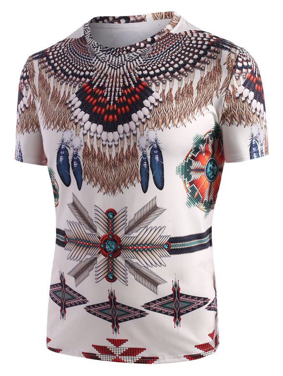 T-shirt Tribal à Imprimé Indien à Manches Courtes - Blanc Chaud 2XL