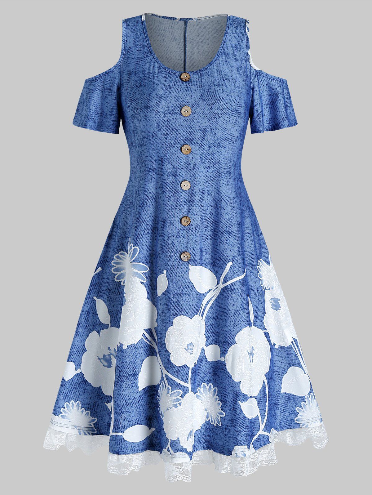 Cold Shoulder Floral Print Mock Button Mini Dress - SKY BLUE M